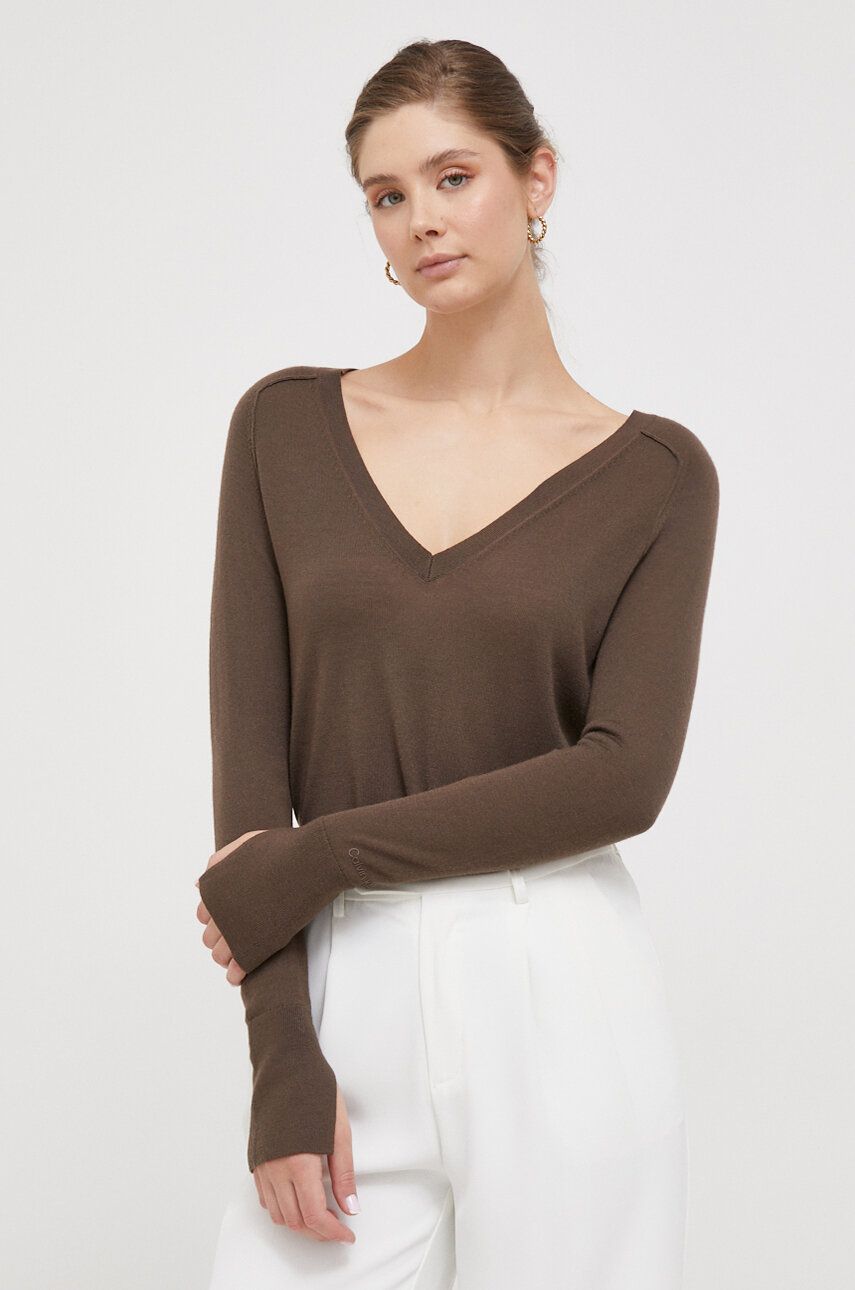 Levně Vlněný svetr Calvin Klein dámský, hnědá barva, lehký