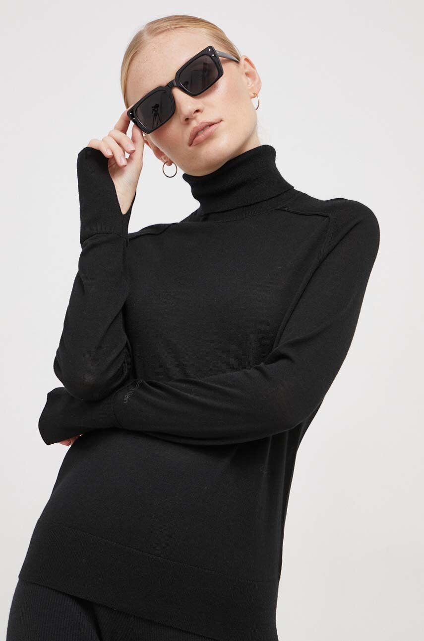 Levně Vlněný svetr Calvin Klein dámský, černá barva, lehký, s golfem