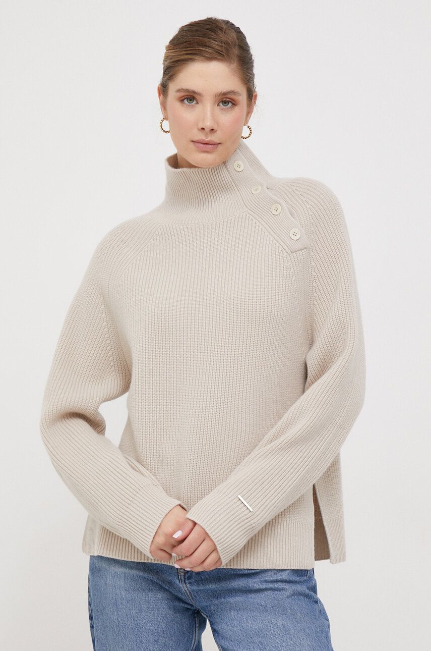 Levně Vlněný svetr Calvin Klein dámský, béžová barva, hřejivý, s pologolfem