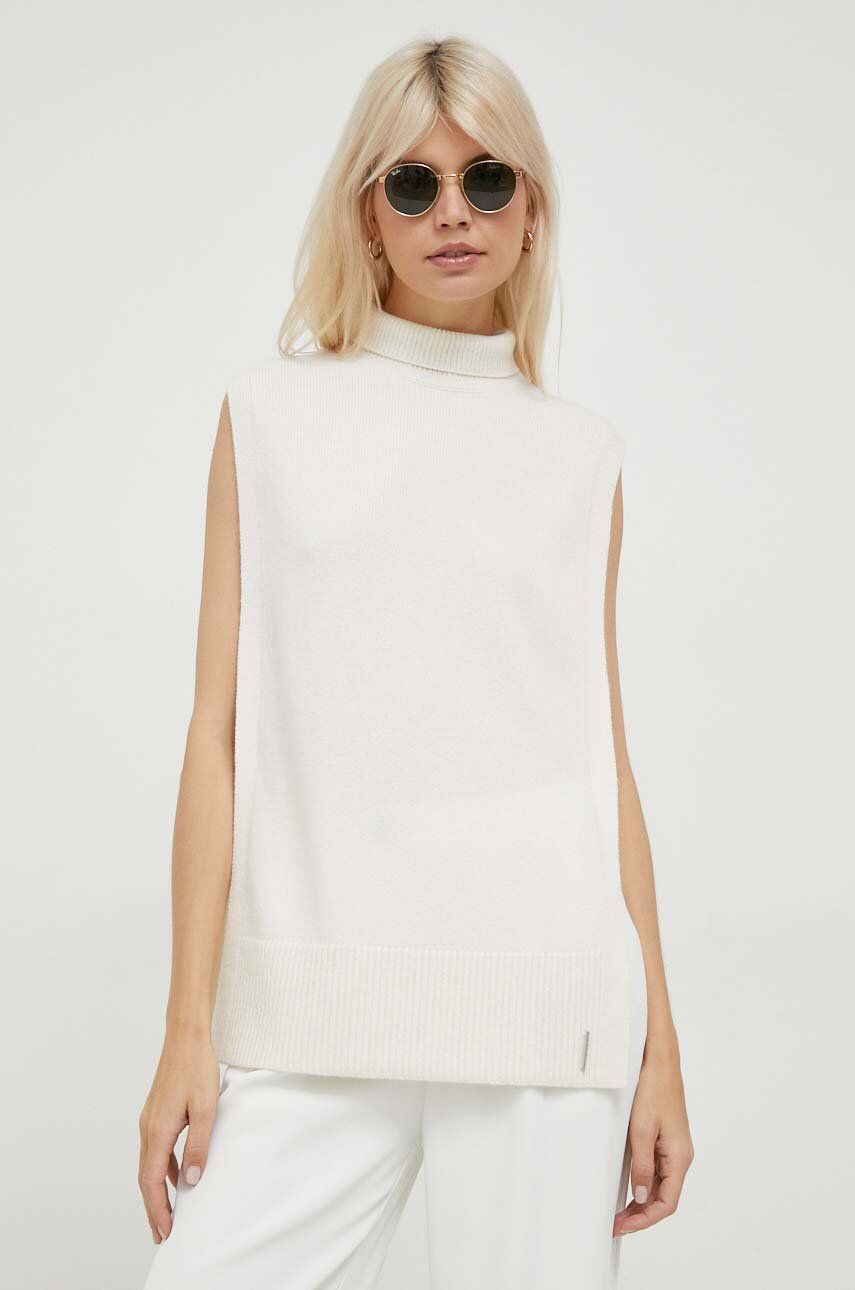 Levně Vlněná vesta Calvin Klein béžová barva, s golfem