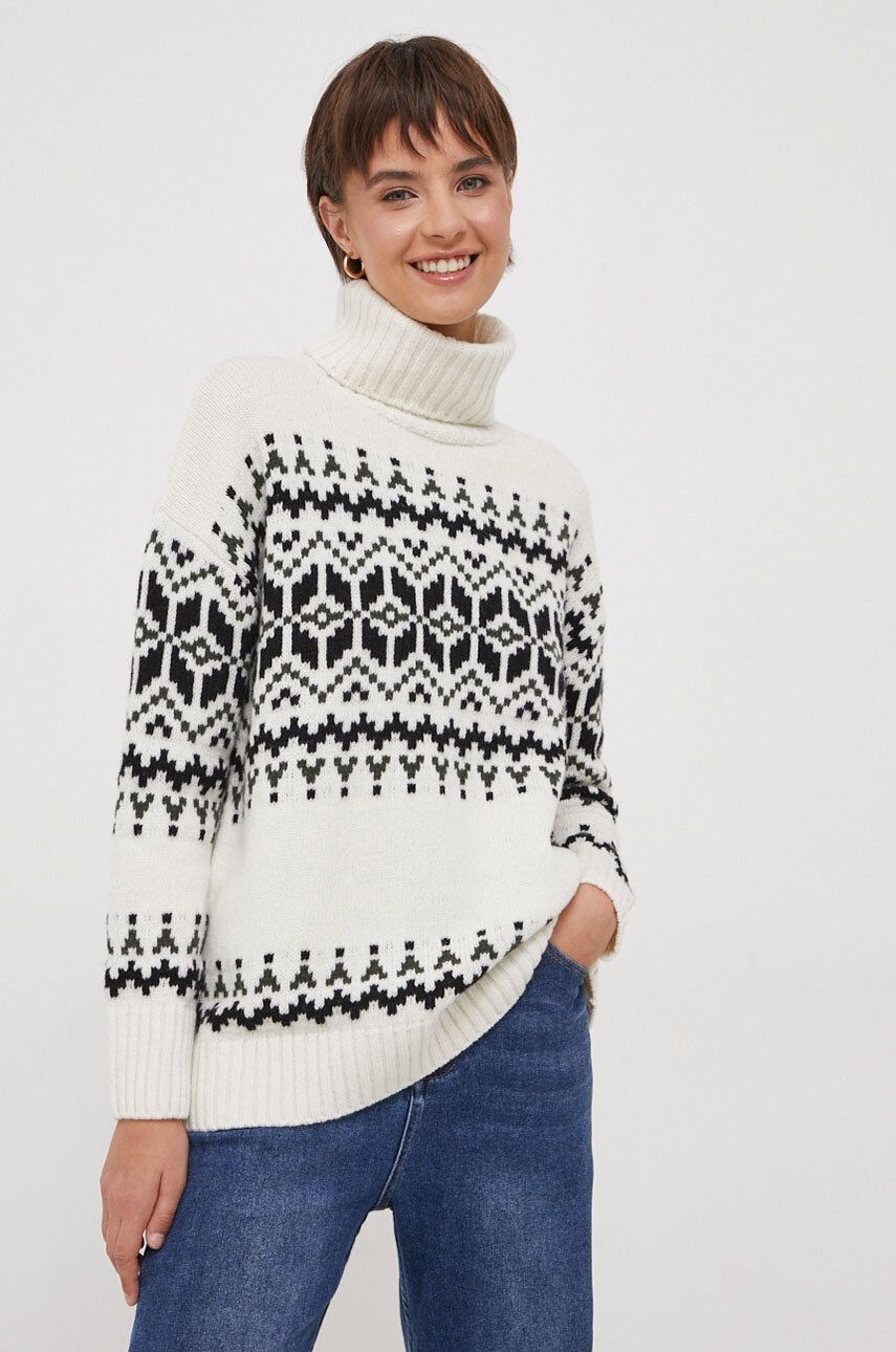 Barbour pulover de lana femei, culoarea bej, călduros, cu guler