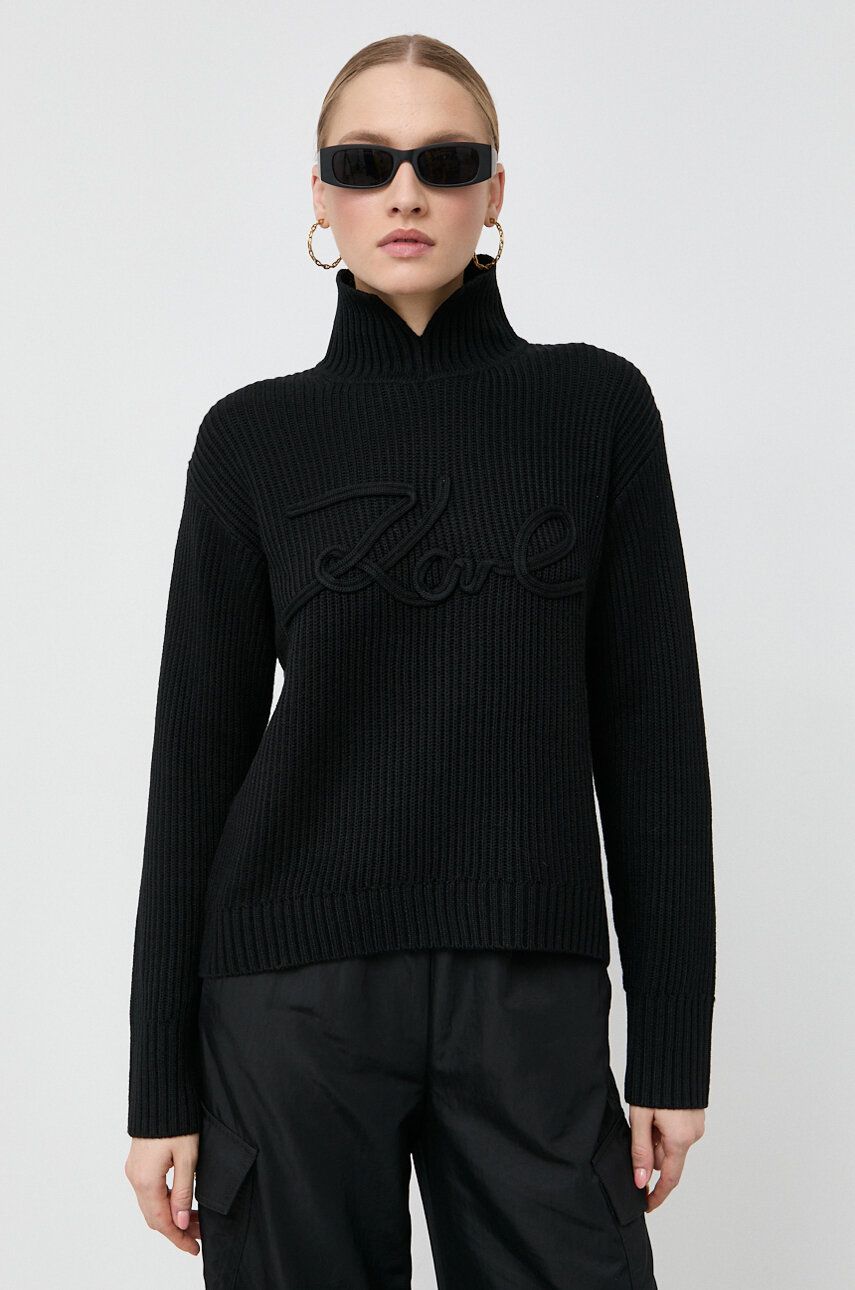 Karl Lagerfeld pulover de lana femei, culoarea negru, cu guler