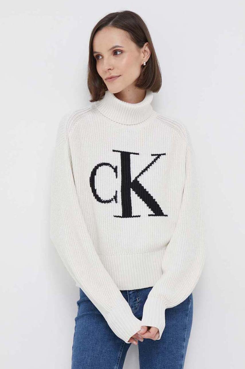 

Памучен пуловер Calvin Klein Jeans в бежово от лека материя с поло, Бежов