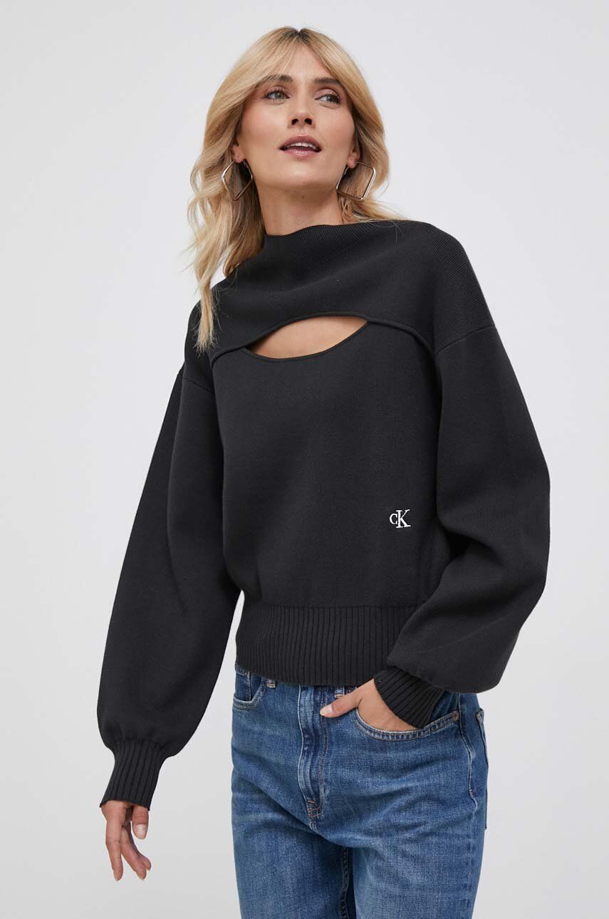 Svetr Calvin Klein Jeans dámský, černá barva, lehký, s pologolfem - černá - 88 % Bavlna