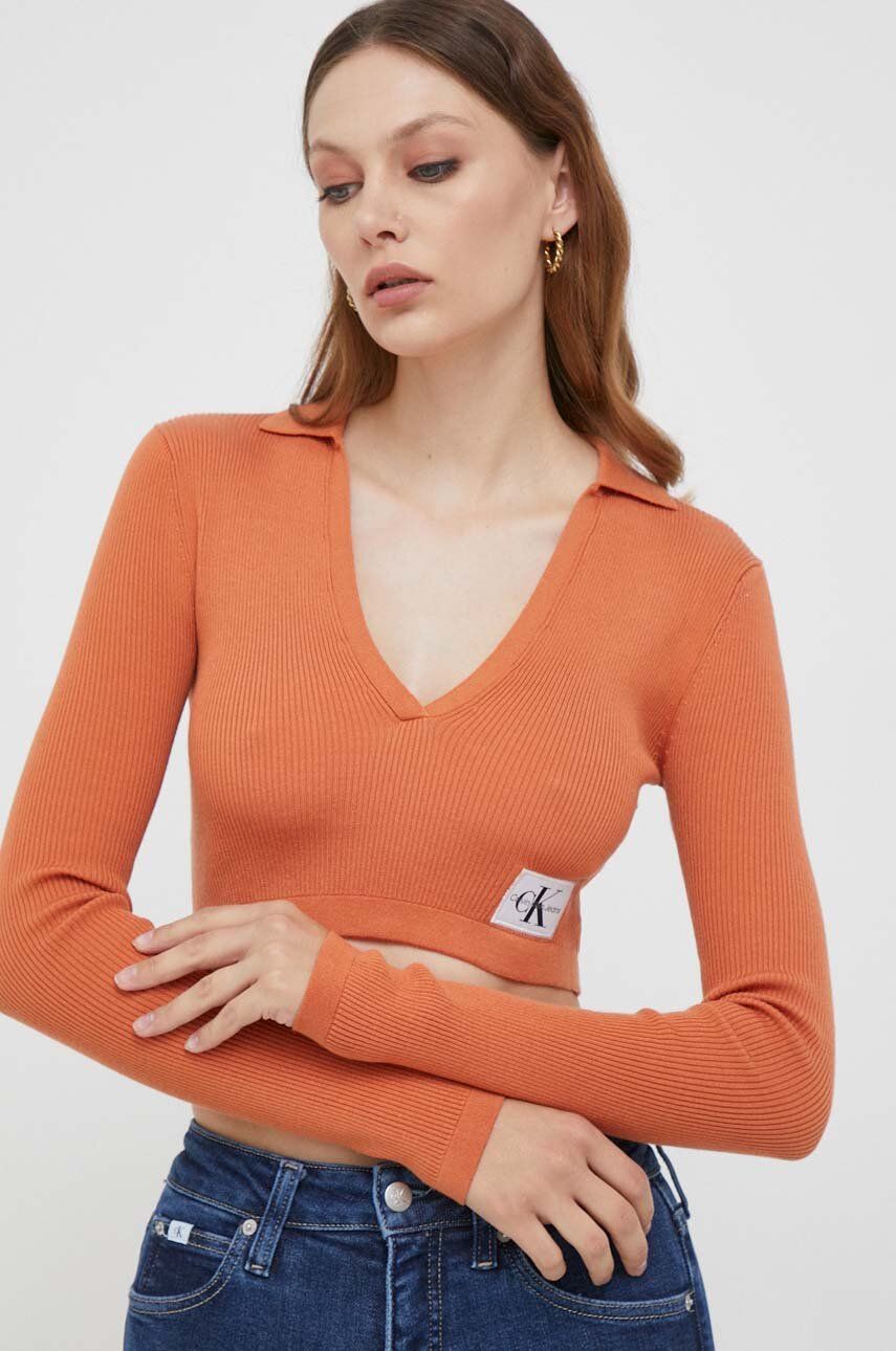 Tričko s dlouhým rukávem Calvin Klein Jeans oranžová barva - oranžová - 78 % Lyocell