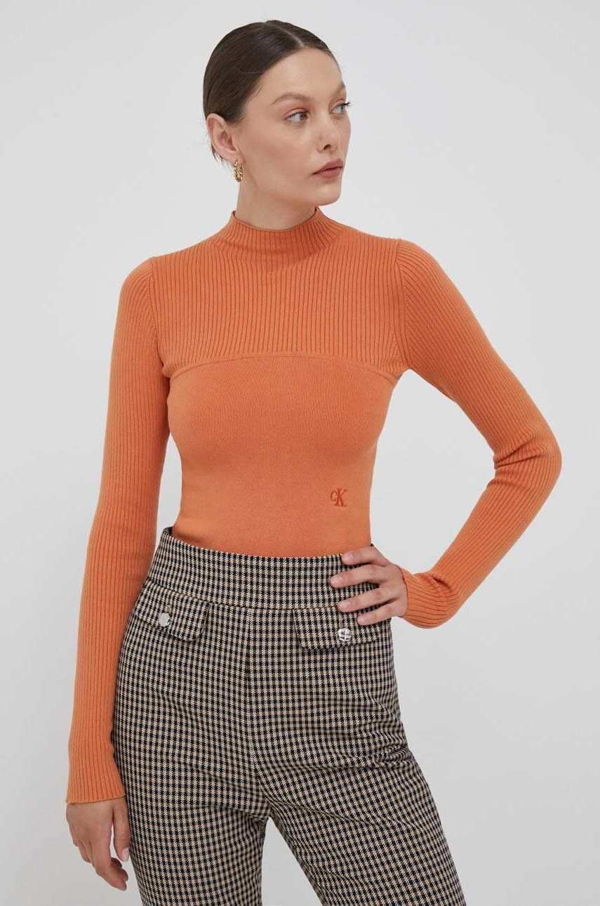 Levně Svetr Calvin Klein Jeans dámský, oranžová barva, lehký, s pologolfem