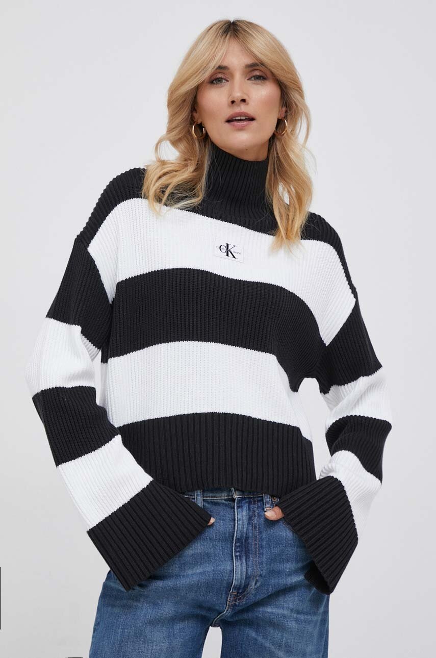 

Памучен пуловер Calvin Klein Jeans в черно от топла материя с поло, Черен