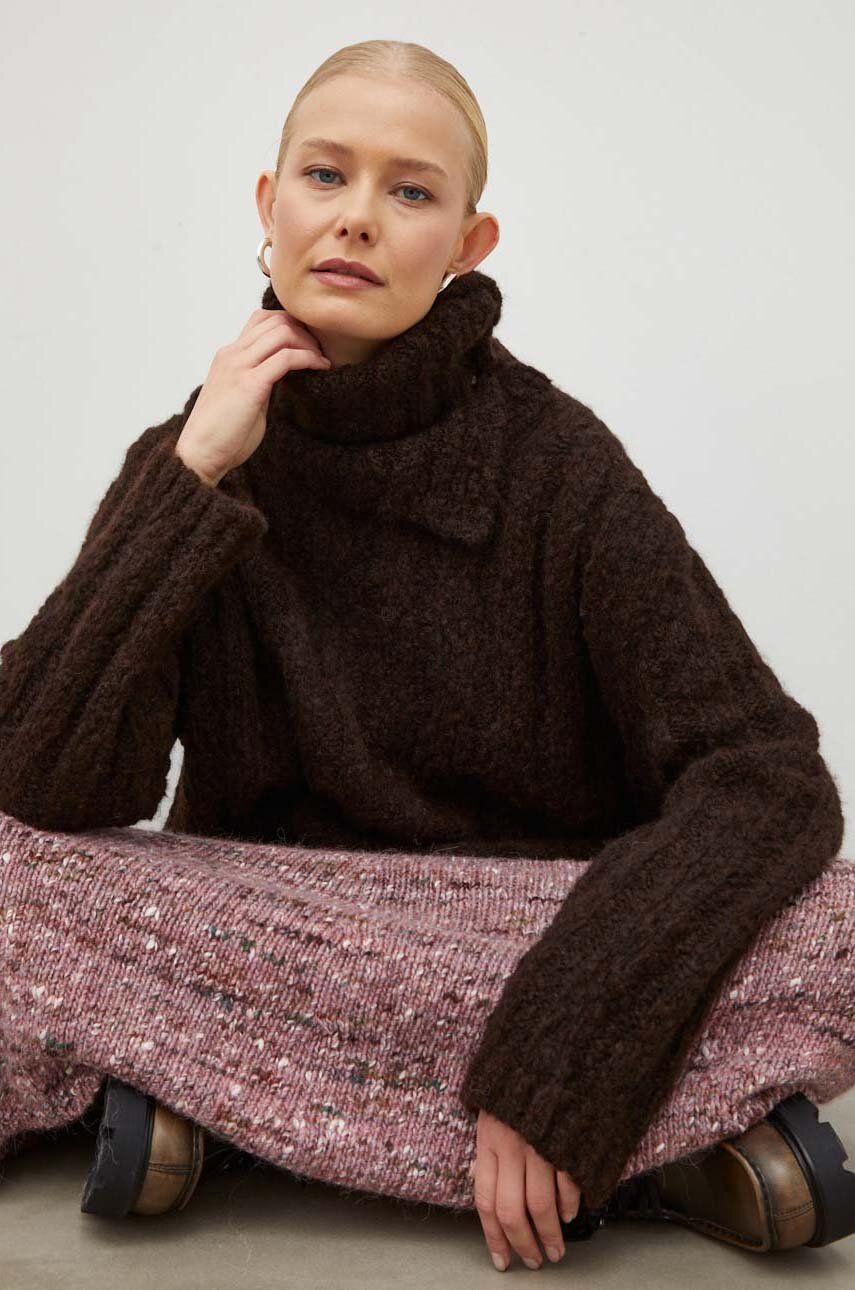 Lovechild pulover de lana femei, culoarea maro, călduros, cu guler