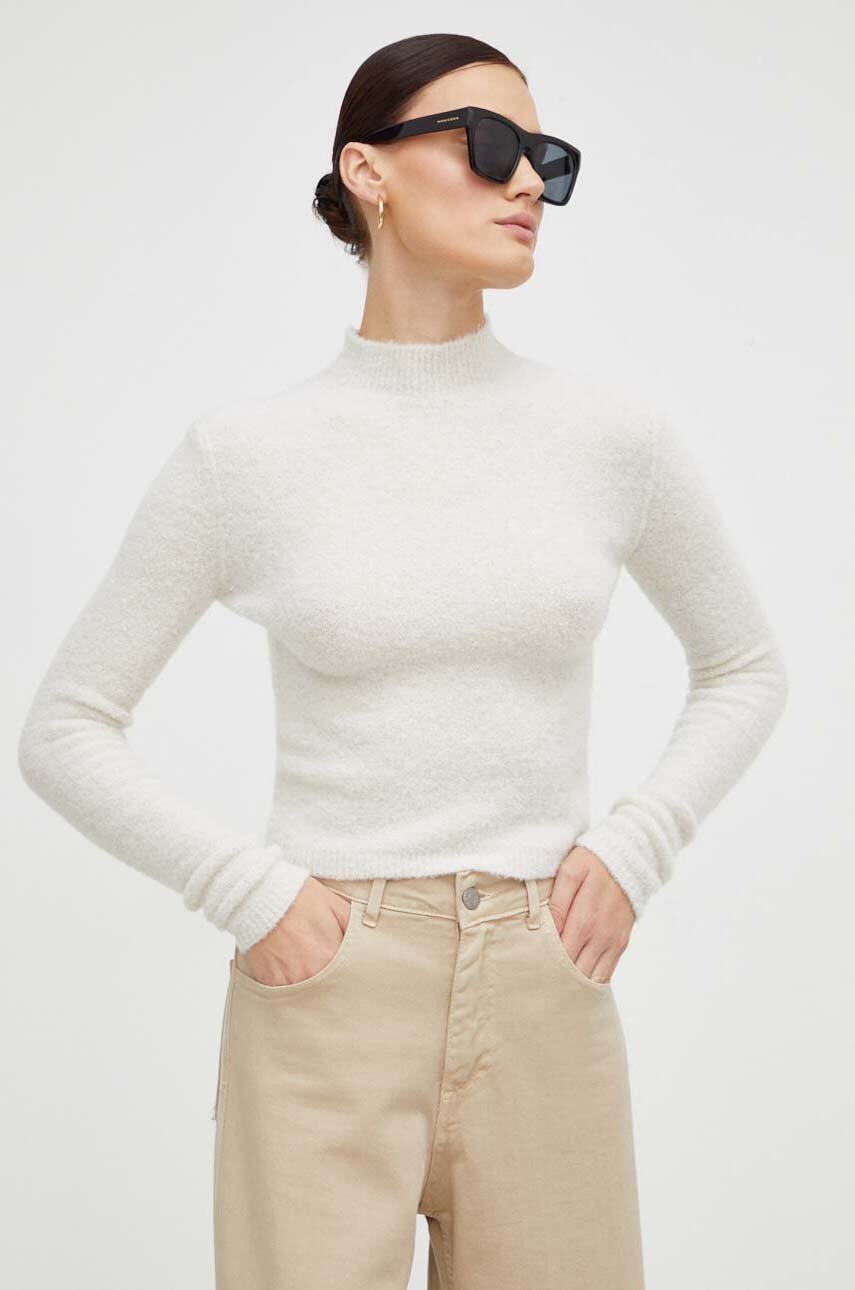 Drykorn pulover de lana femei, culoarea bej, cu turtleneck