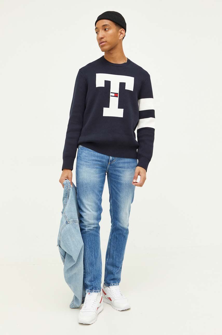 Tommy Jeans pulover de bumbac culoarea albastru marin