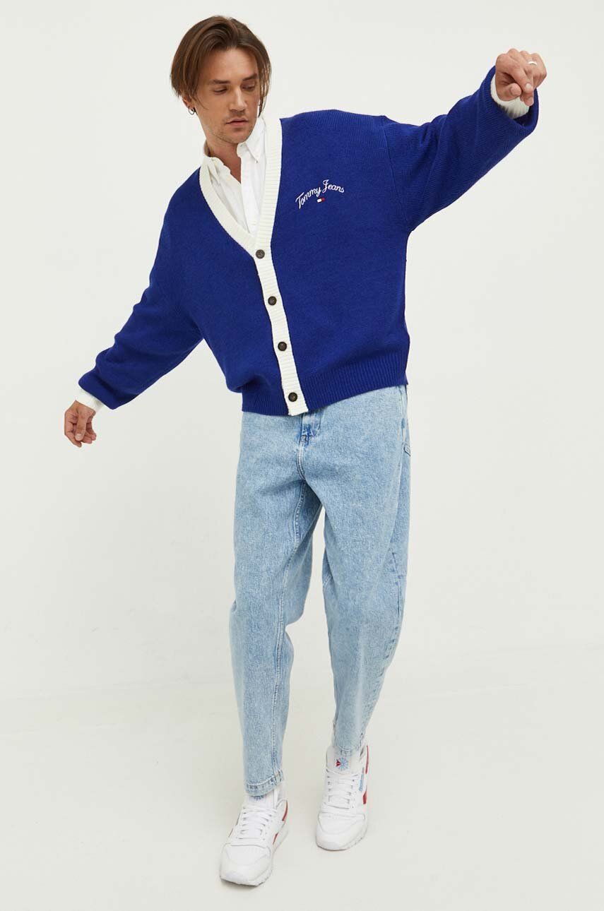 Kardigan Tommy Jeans pánský, tmavomodrá barva - námořnická modř -  50 % Akryl