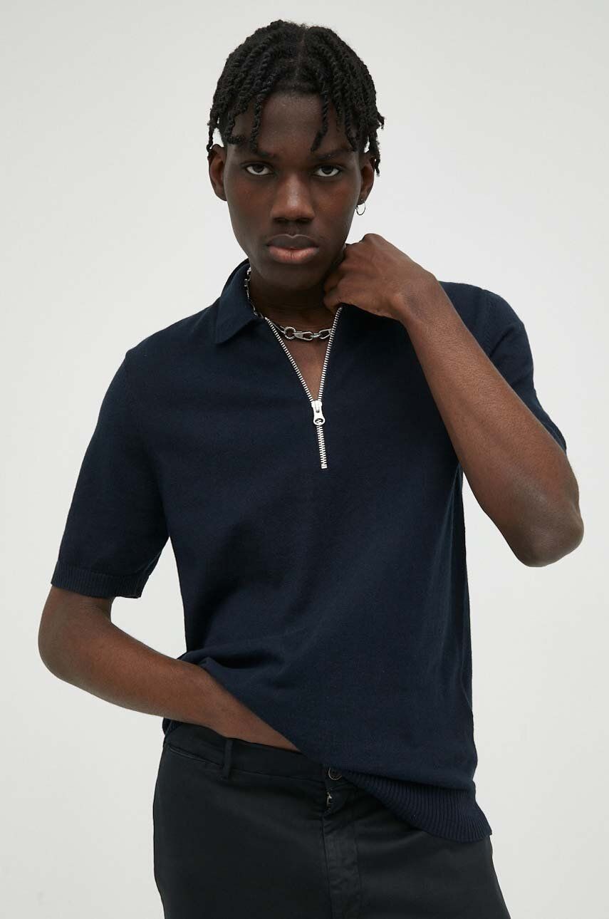 Samsoe Samsoe tricou polo din amestec de lână culoarea bleumarin, uni