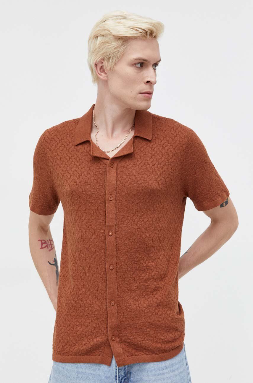 Košile Hollister Co. pánská, hnědá barva, regular - hnědá - 53 % Bavlna