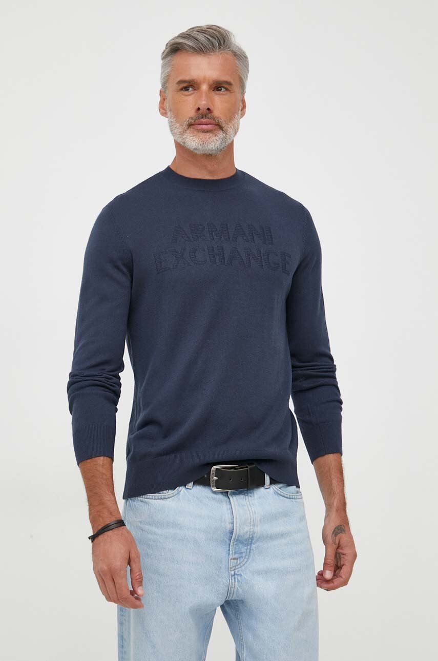 E-shop Vlněný svetr Armani Exchange pánský, tmavomodrá barva, lehký