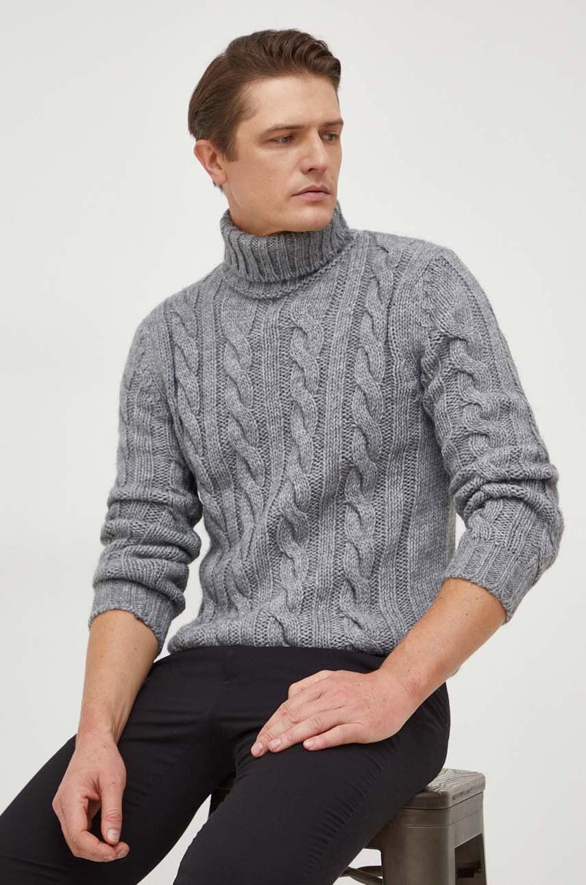 United Colors of Benetton pulover din amestec de lana barbati, culoarea gri, cu guler