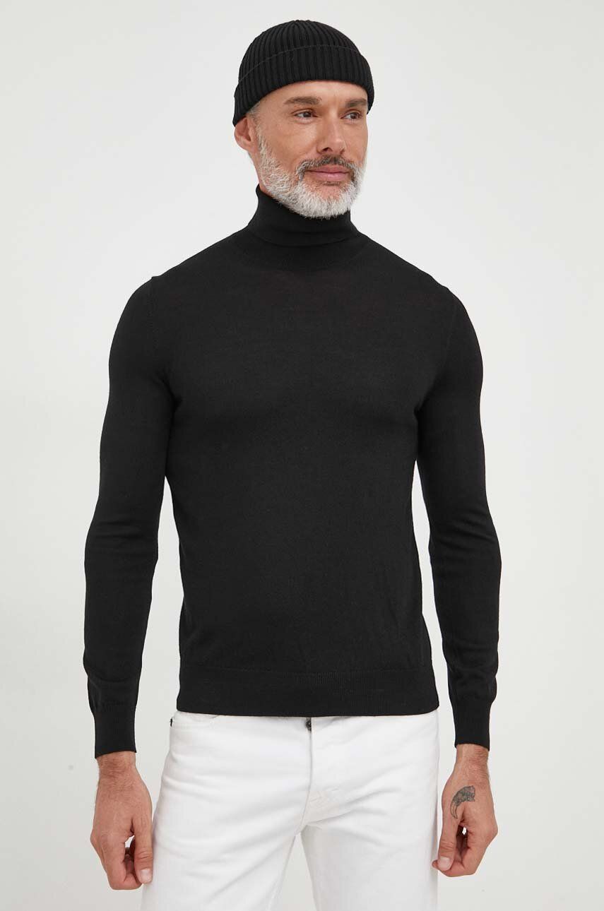 Sisley pulover de lana barbati, culoarea negru, light, cu guler