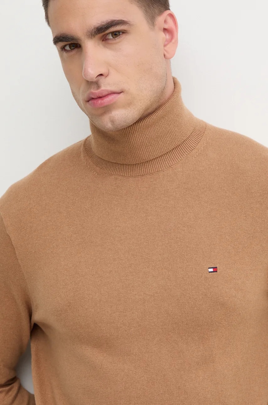Tommy Hilfiger sweter z domieszką kaszmiru kolor brązowy lekki z golferm