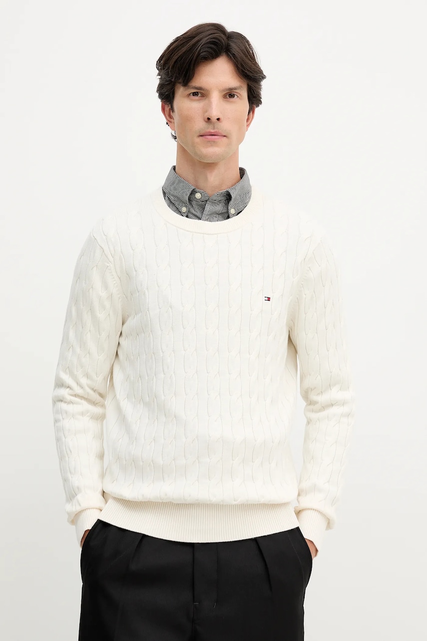 

Памучен пуловер Tommy Hilfiger в бяло от лека материя MW0MW33132, Бежов