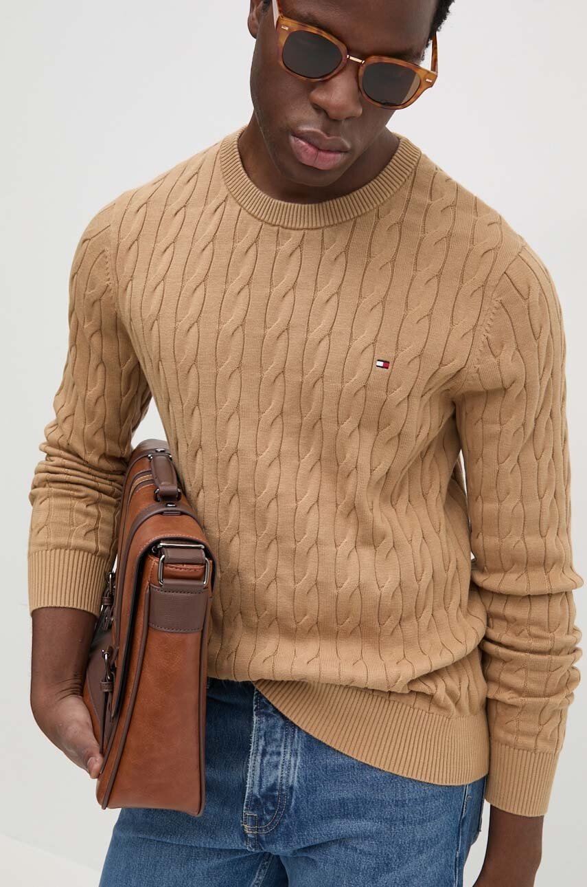 

Памучен пуловер Tommy Hilfiger в бежово от лека материя, Бежов