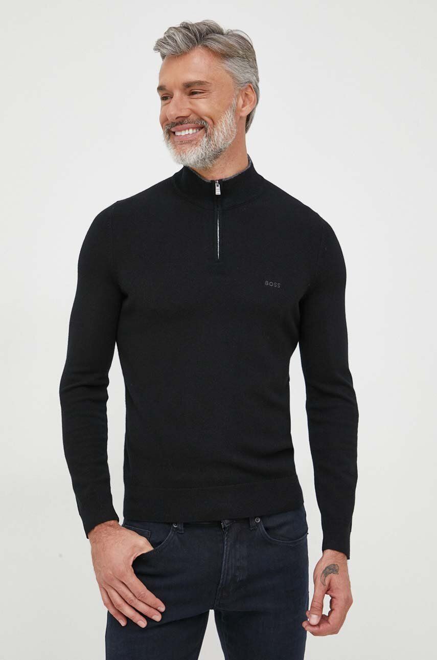 BOSS pulover de lana barbati, culoarea negru, light, cu turtleneck