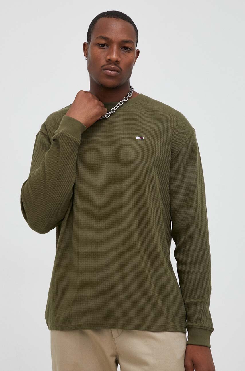 Tommy Jeans longsleeve din bumbac culoarea verde, neted