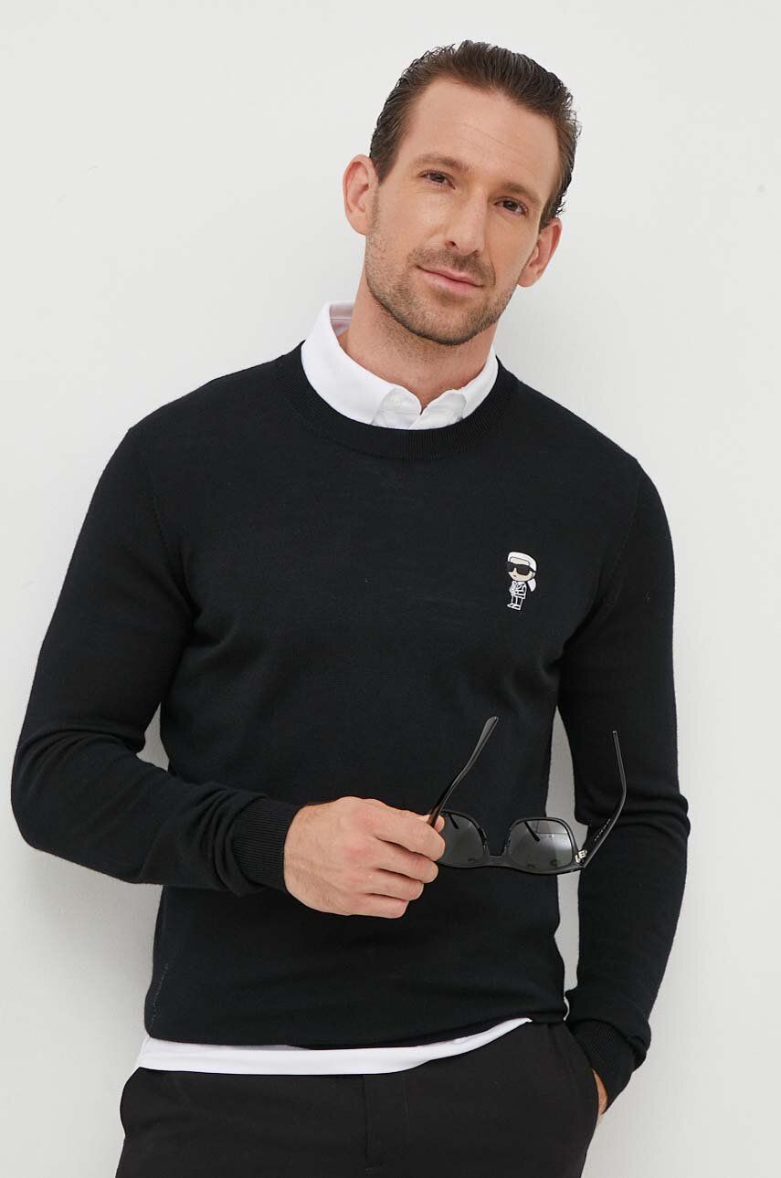 Vlněný svetr Karl Lagerfeld pánský, černá barva, lehký - černá - 100 % Vlna