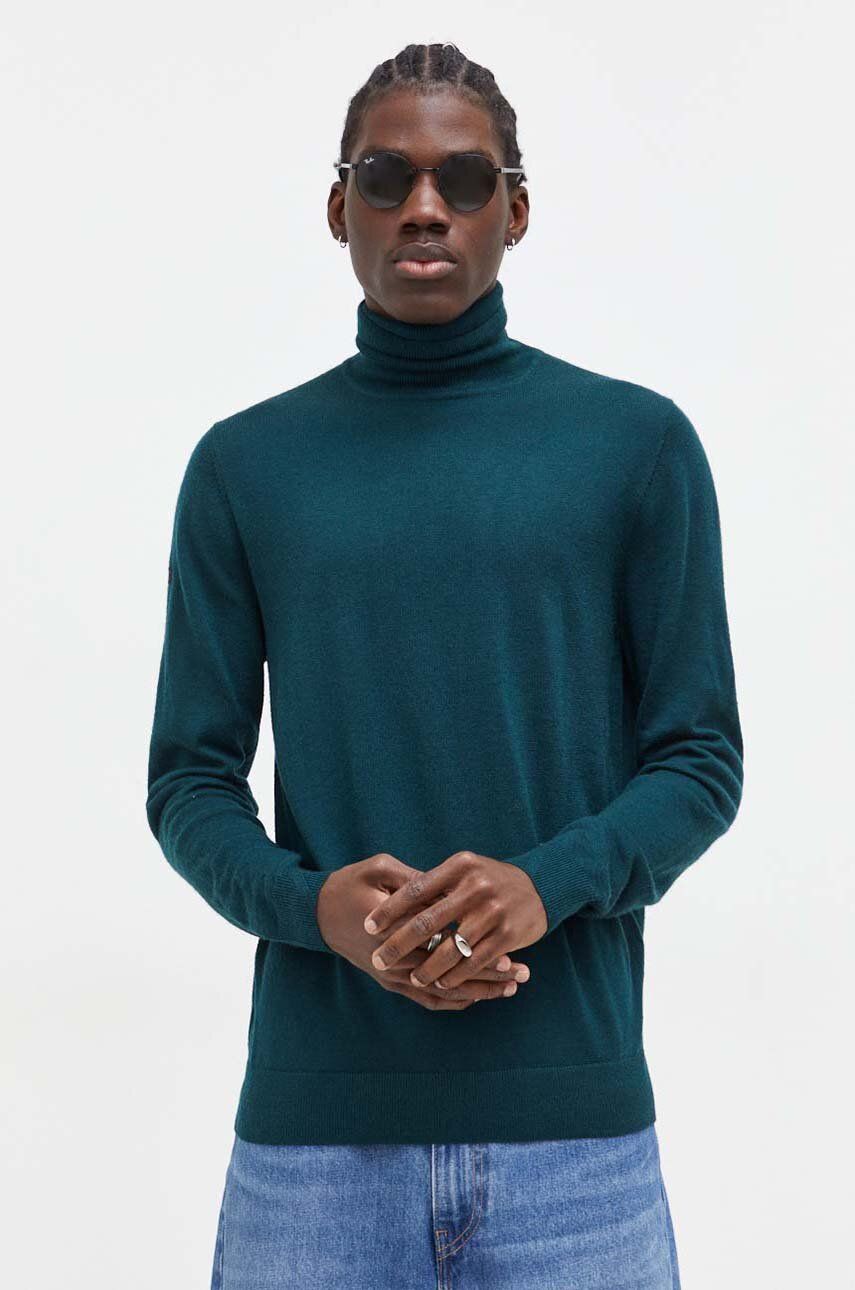 Superdry pulover de lana barbati, culoarea verde, light, cu guler