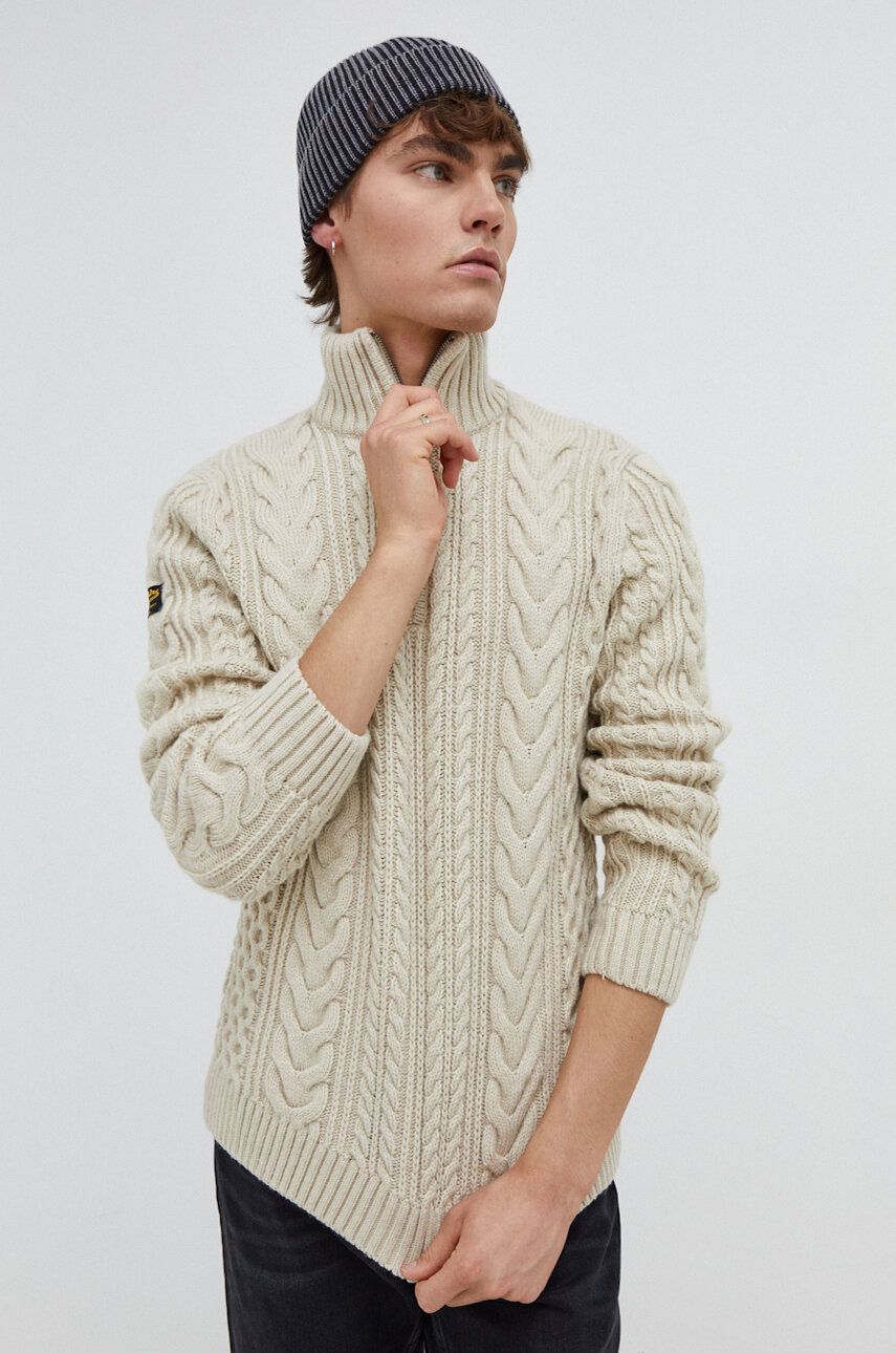 Superdry pulover din amestec de lana barbati, culoarea bej, călduros, cu guler