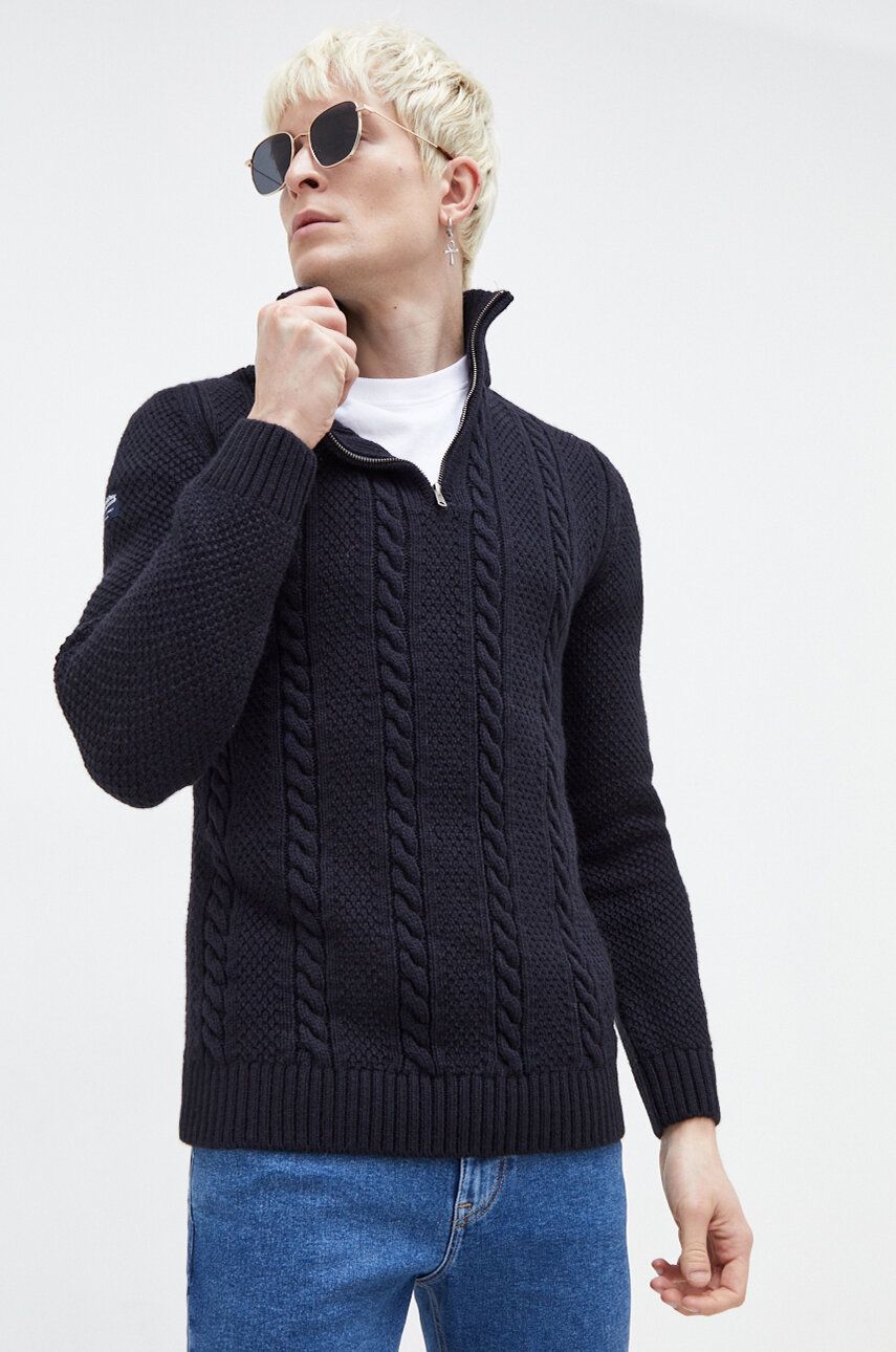 Superdry pulover din amestec de lana barbati, culoarea albastru marin, călduros, cu turtleneck