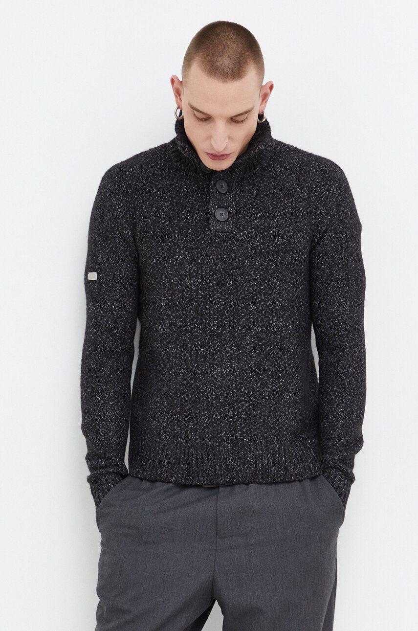 Superdry pulover barbati, culoarea negru, călduros, cu guler