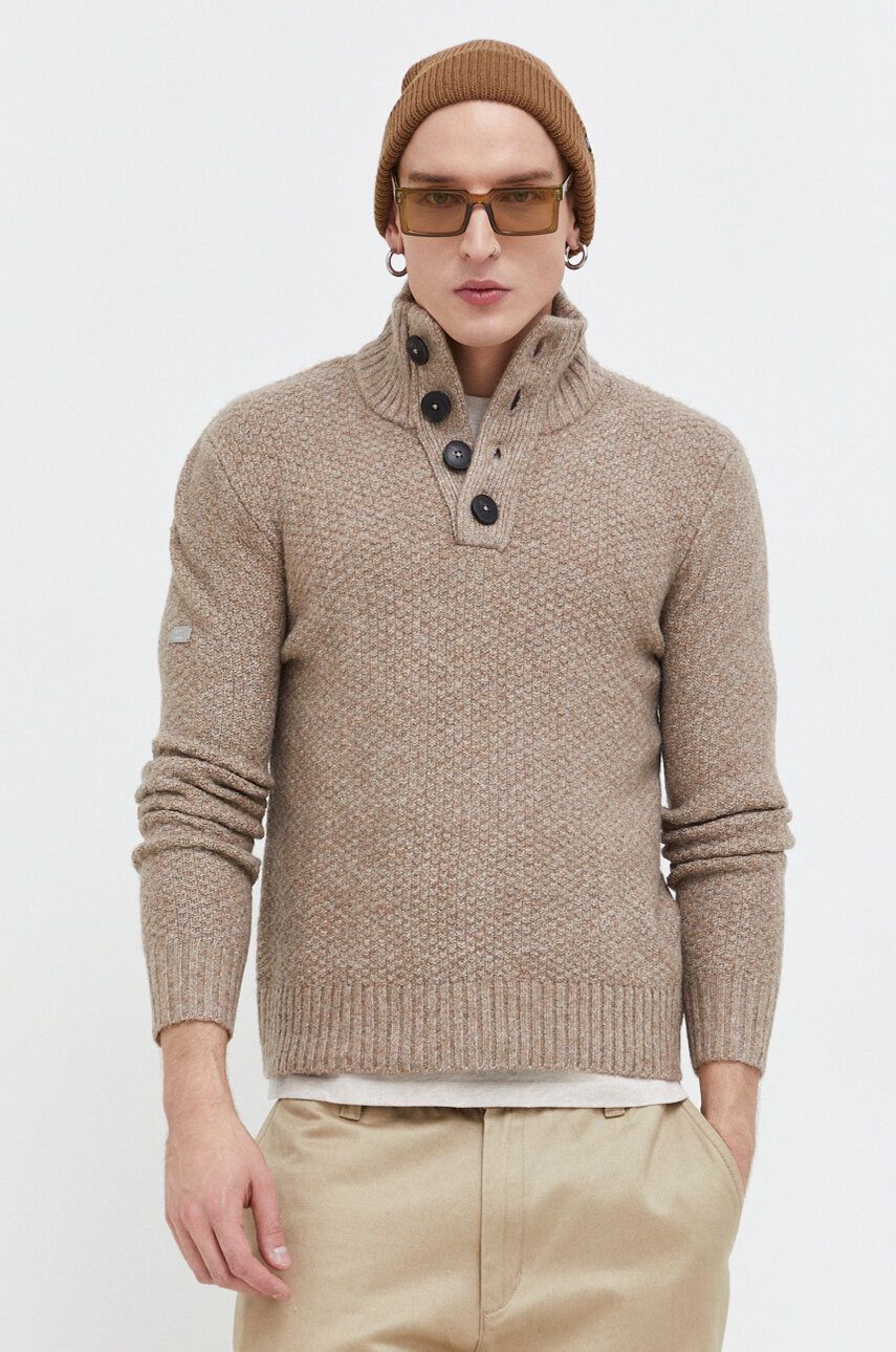 Superdry pulover barbati, culoarea bej, călduros, cu guler