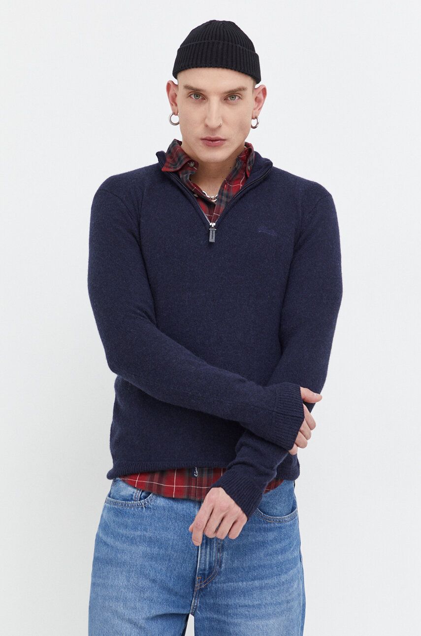 Superdry pulover din amestec de lana barbati, culoarea albastru marin, light, cu turtleneck