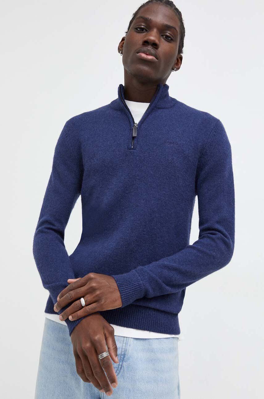 Superdry pulover din amestec de lana barbati, culoarea albastru marin, cu turtleneck