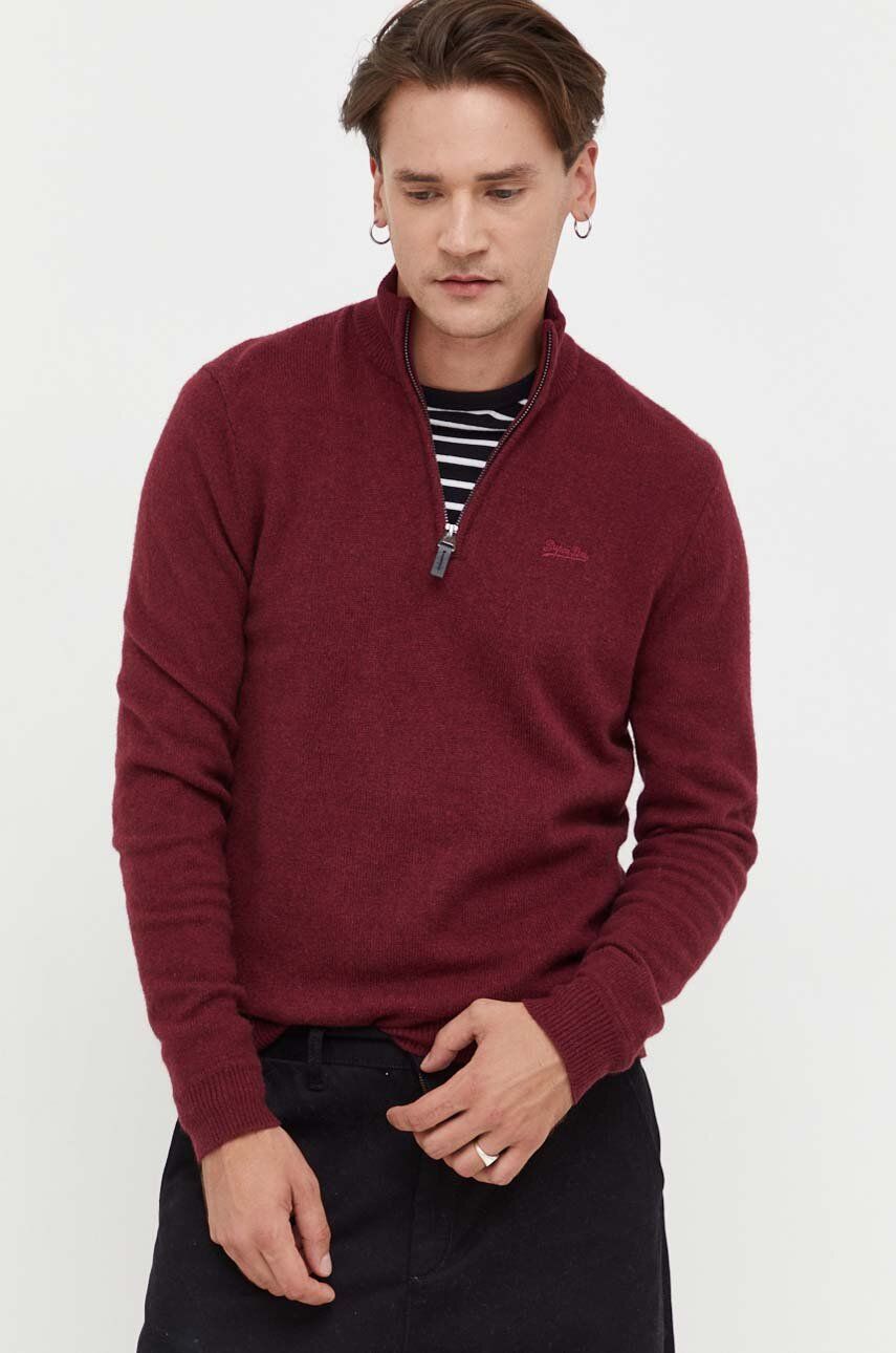 Superdry pulover din amestec de lana barbati, culoarea bordo, cu turtleneck