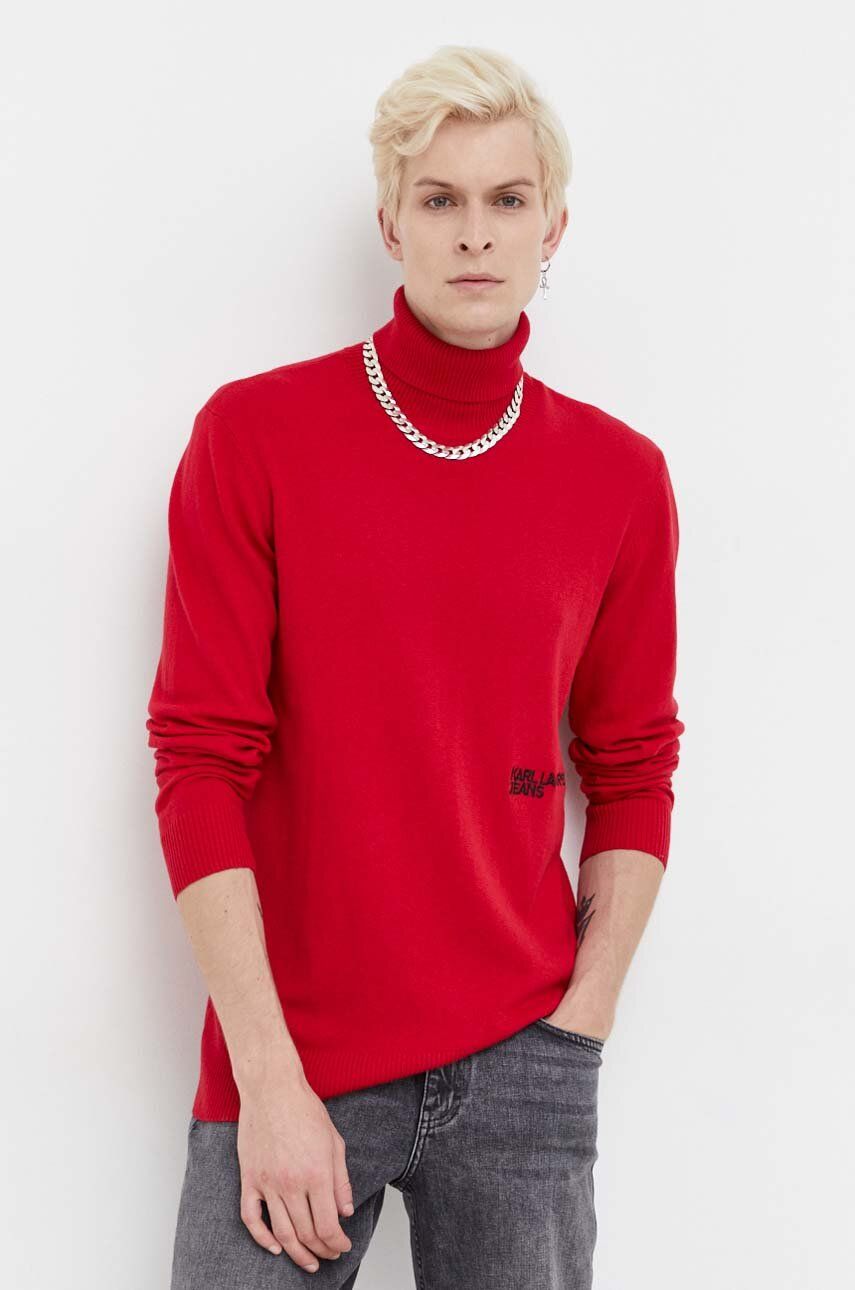 Karl Lagerfeld Jeans pulover din amestec de lana barbati, culoarea rosu, light, cu guler
