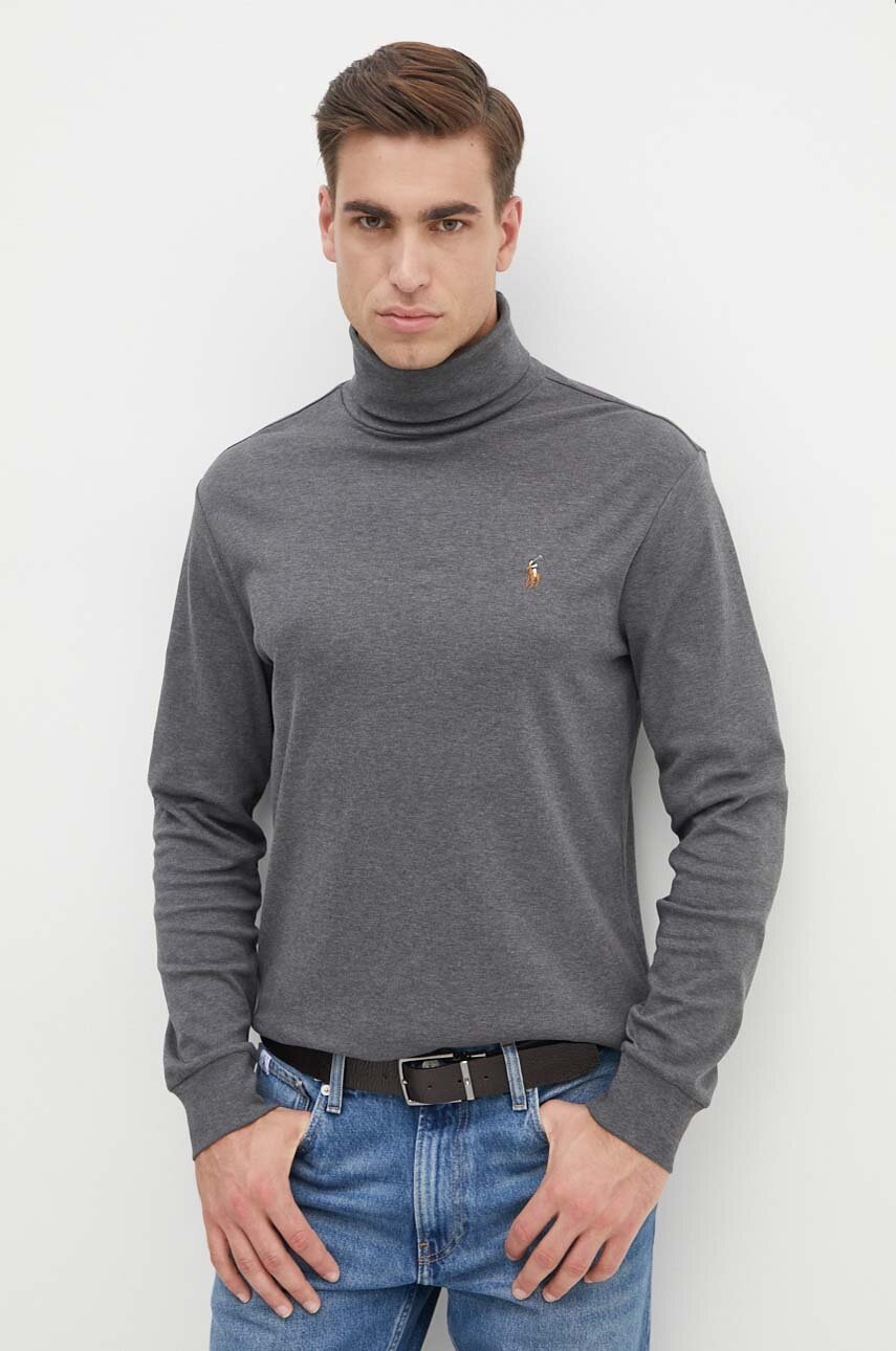 

Памучен пуловер Polo Ralph Lauren в сиво от лека материя с поло, Сив