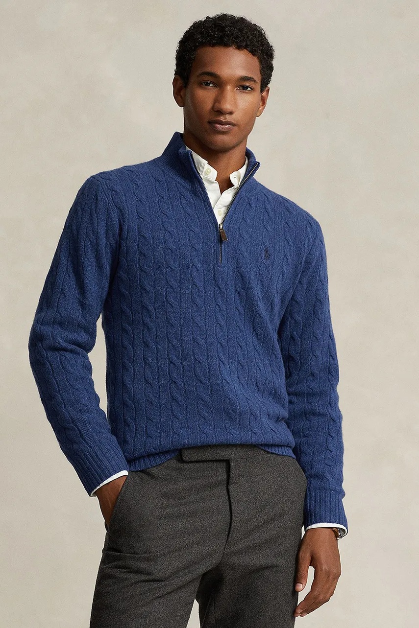 Levně Vlněný svetr Polo Ralph Lauren pánský, tmavomodrá barva, s pologolfem, 710876766