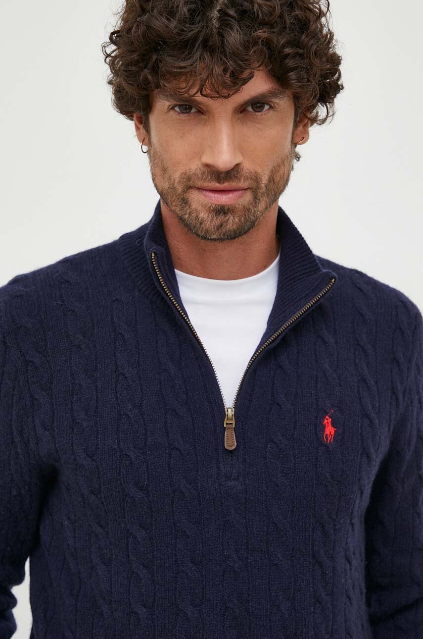 

Вълнен пуловер Polo Ralph Lauren мъжки в тъмносиньо с ниско поло, Тъмносин