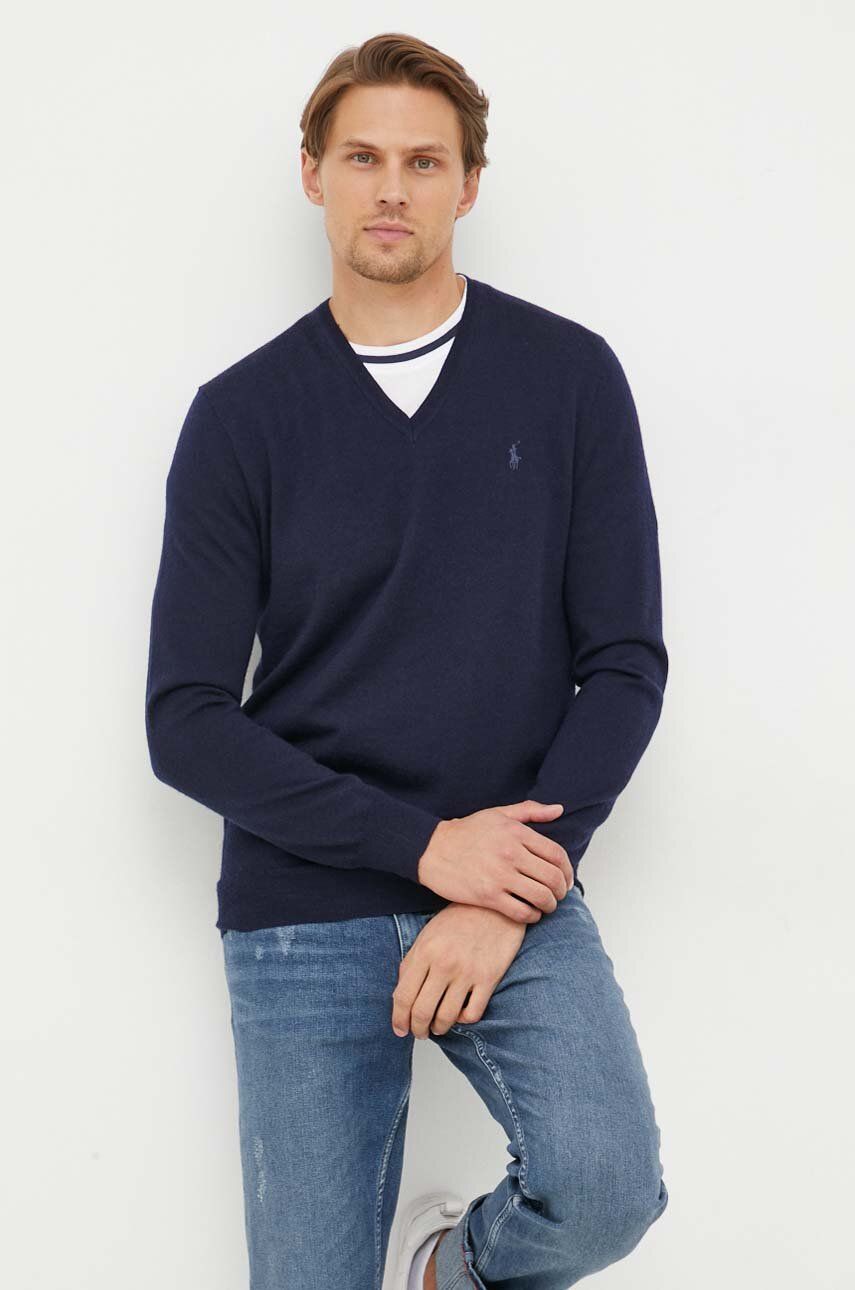 Vlnený sveter Polo Ralph Lauren pánsky, tmavomodrá farba, tenký