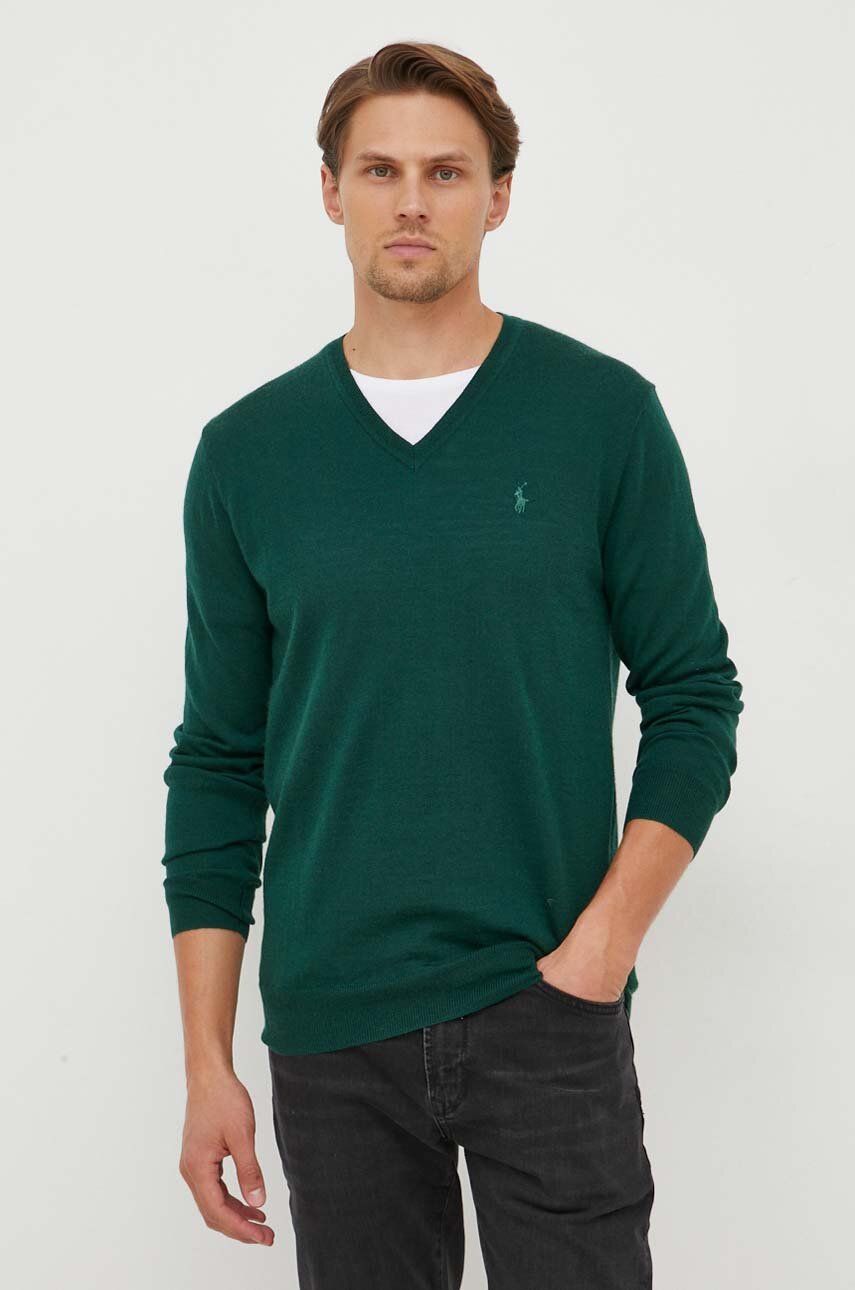Vlněný svetr Polo Ralph Lauren pánský, zelená barva, lehký - zelená - 100 % Vlna
