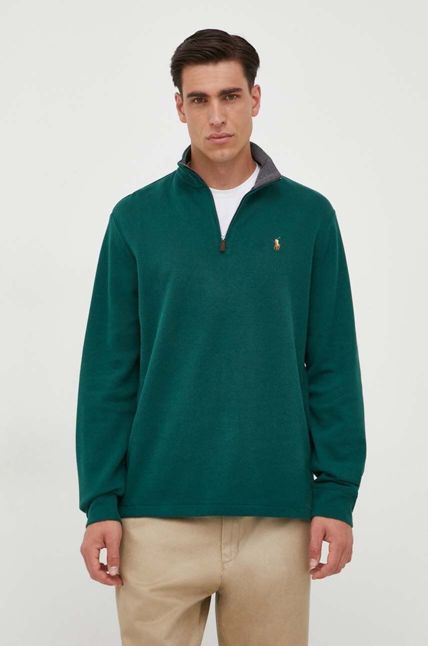 Bavlnený sveter Polo Ralph Lauren zelená farba, tenký, s polorolákom