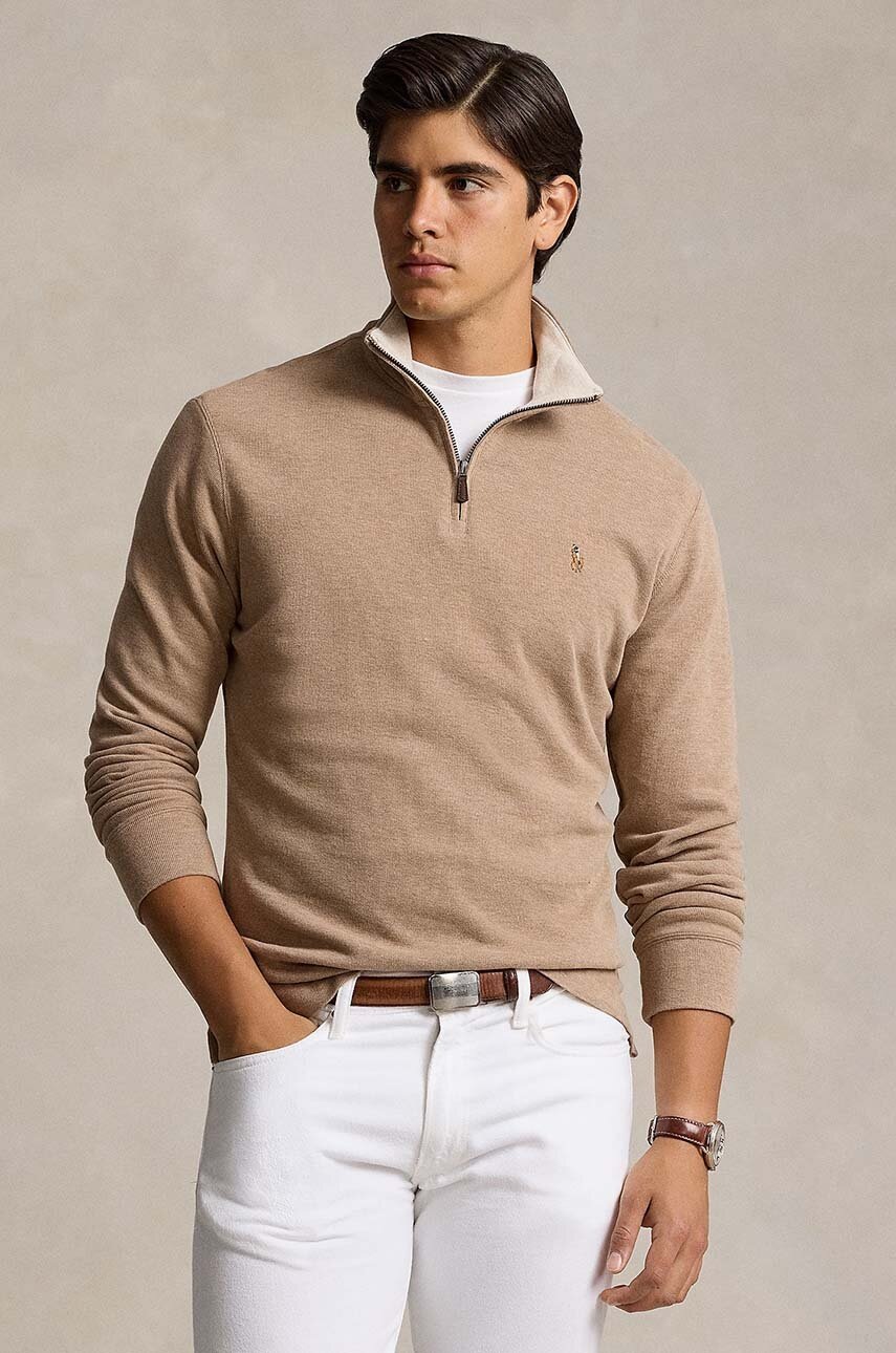 

Памучен пуловер Polo Ralph Lauren в зелено от лека материя с ниско поло, Кафяв