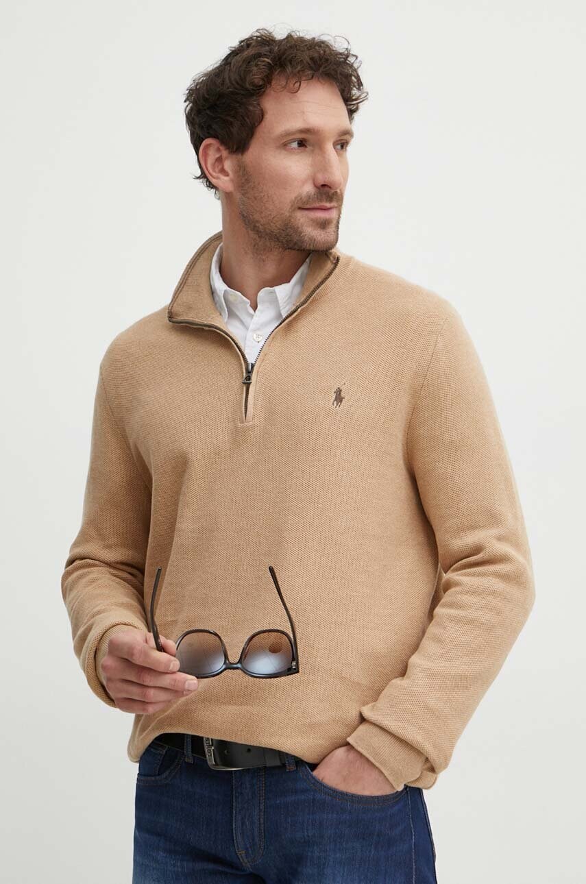 Levně Bavlněný svetr Polo Ralph Lauren hnědá barva, lehký, s pologolfem, 710932304