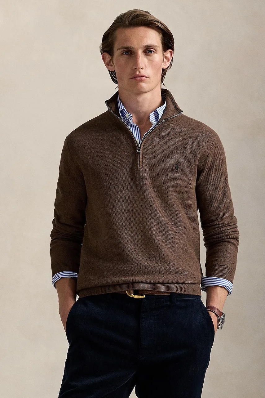 Polo Ralph Lauren sweter bawełniany Ls Hz Long Sleeve kolor brązowy lekki z półgolfem 710932304