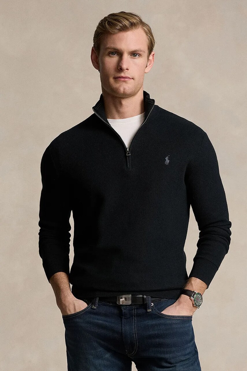 Polo Ralph Lauren sweter bawełniany Ls Hz Long Sleeve kolor czarny lekki z półgolfem 710932304
