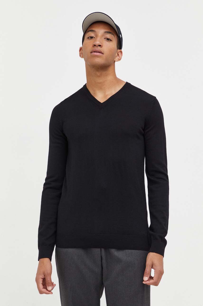 HUGO sweter wełniany męski kolor czarny lekki