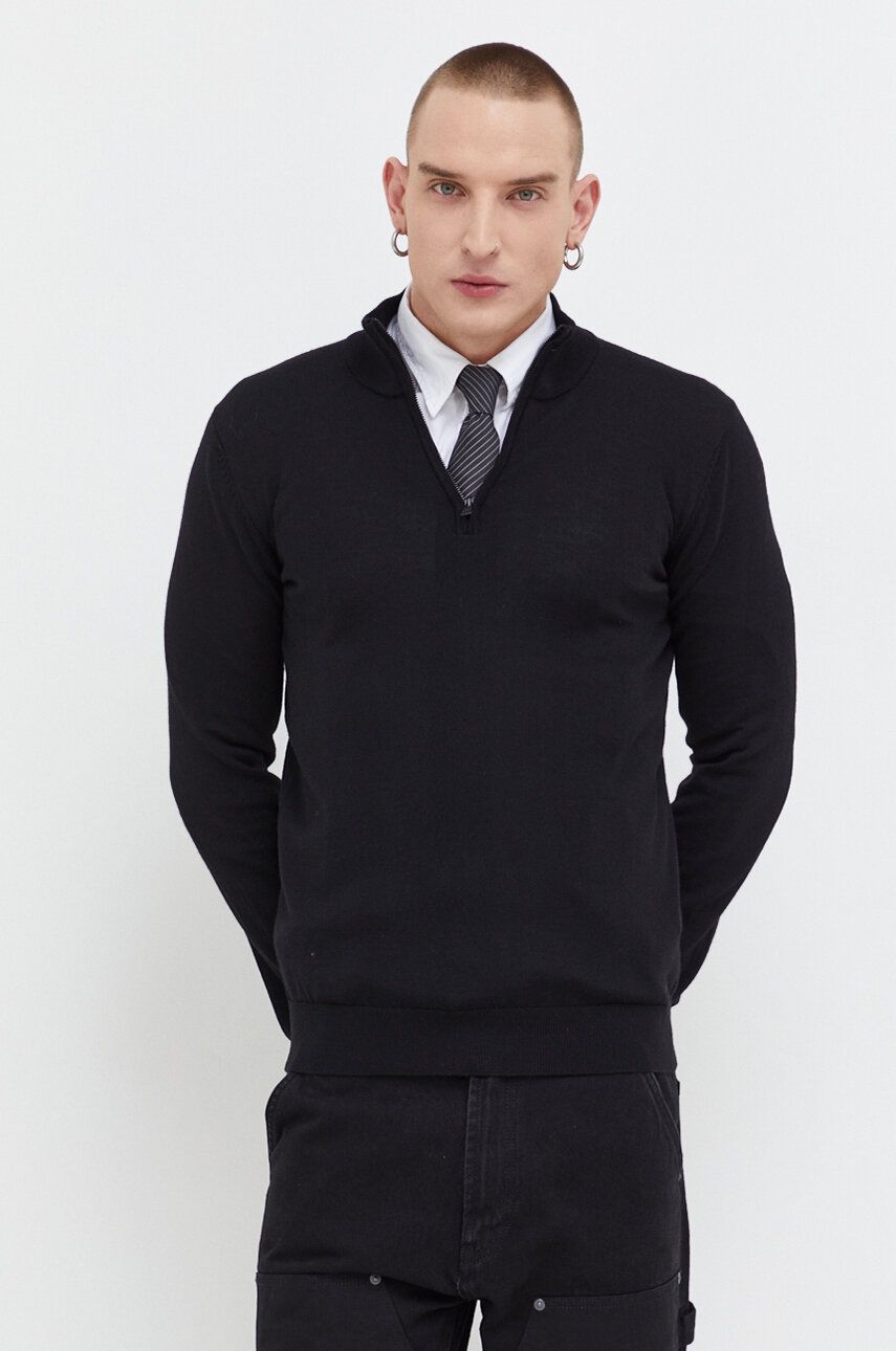 E-shop Vlněný svetr HUGO pánský, černá barva, lehký, s pologolfem
