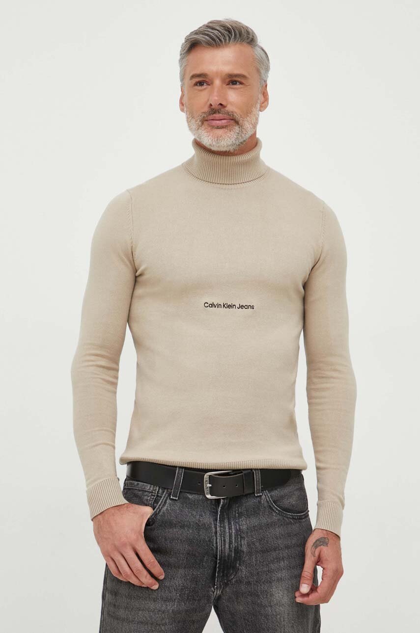 

Памучен пуловер Calvin Klein Jeans в бежово от лека материя с поло, Бежов