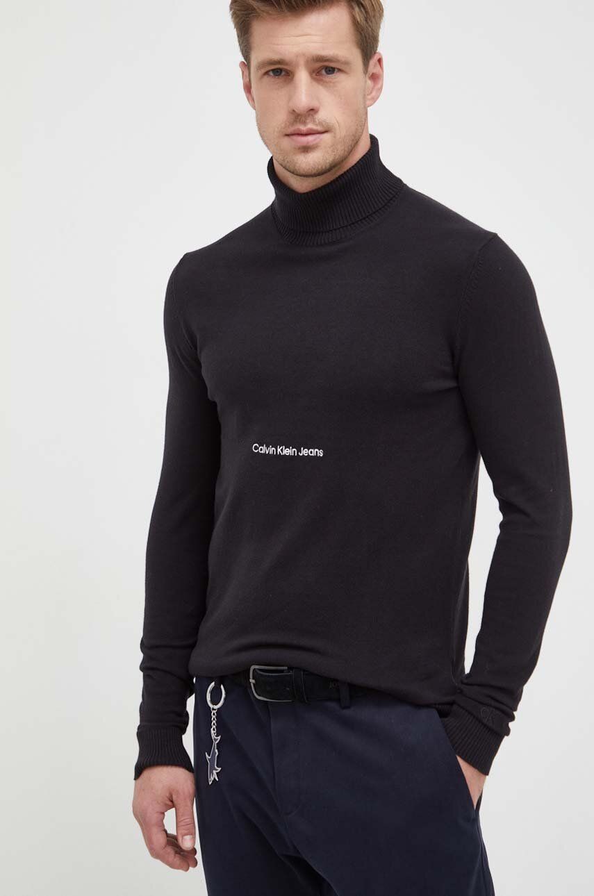 Bavlněný svetr Calvin Klein Jeans černá barva, lehký, s golfem