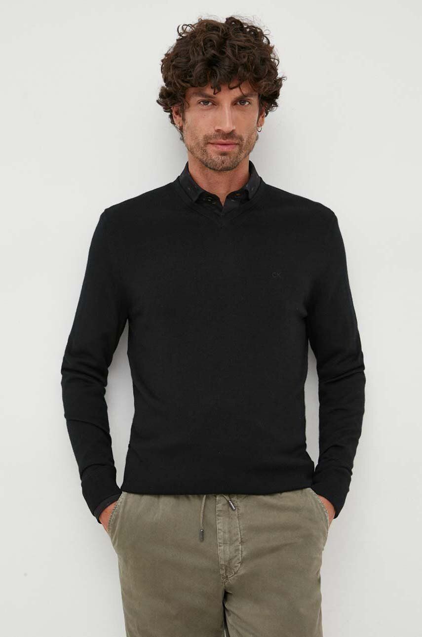 Vlněný svetr Calvin Klein pánský, černá barva, lehký - černá - 95 % Merino vlna